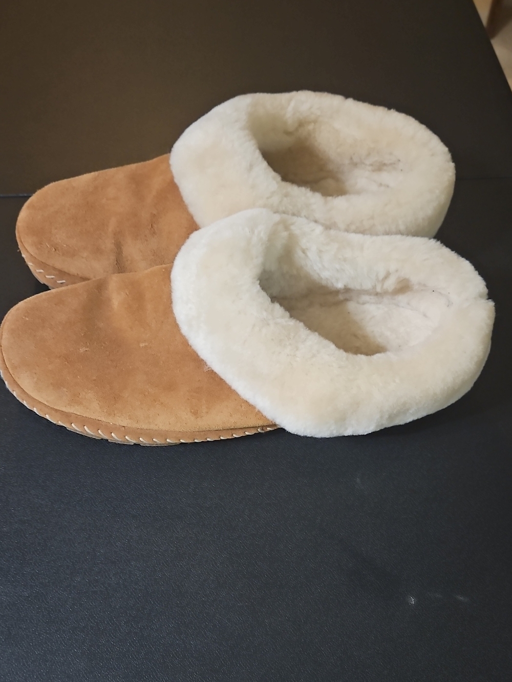 L.L. Bean Women's Tan Suede Slippers with Cream Shearling Collar